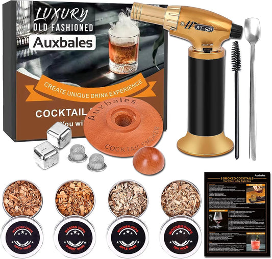 Cocktail Smoker Kit with Torch, Bourbon Whiskey Smoker Infuser Kit with 4 Flavors Wood Chips, Old Fashioned Drink Smoker Kit, Birthday Bourbon Whiskey Gifts for Men, Dad, Husband (Without Butane)