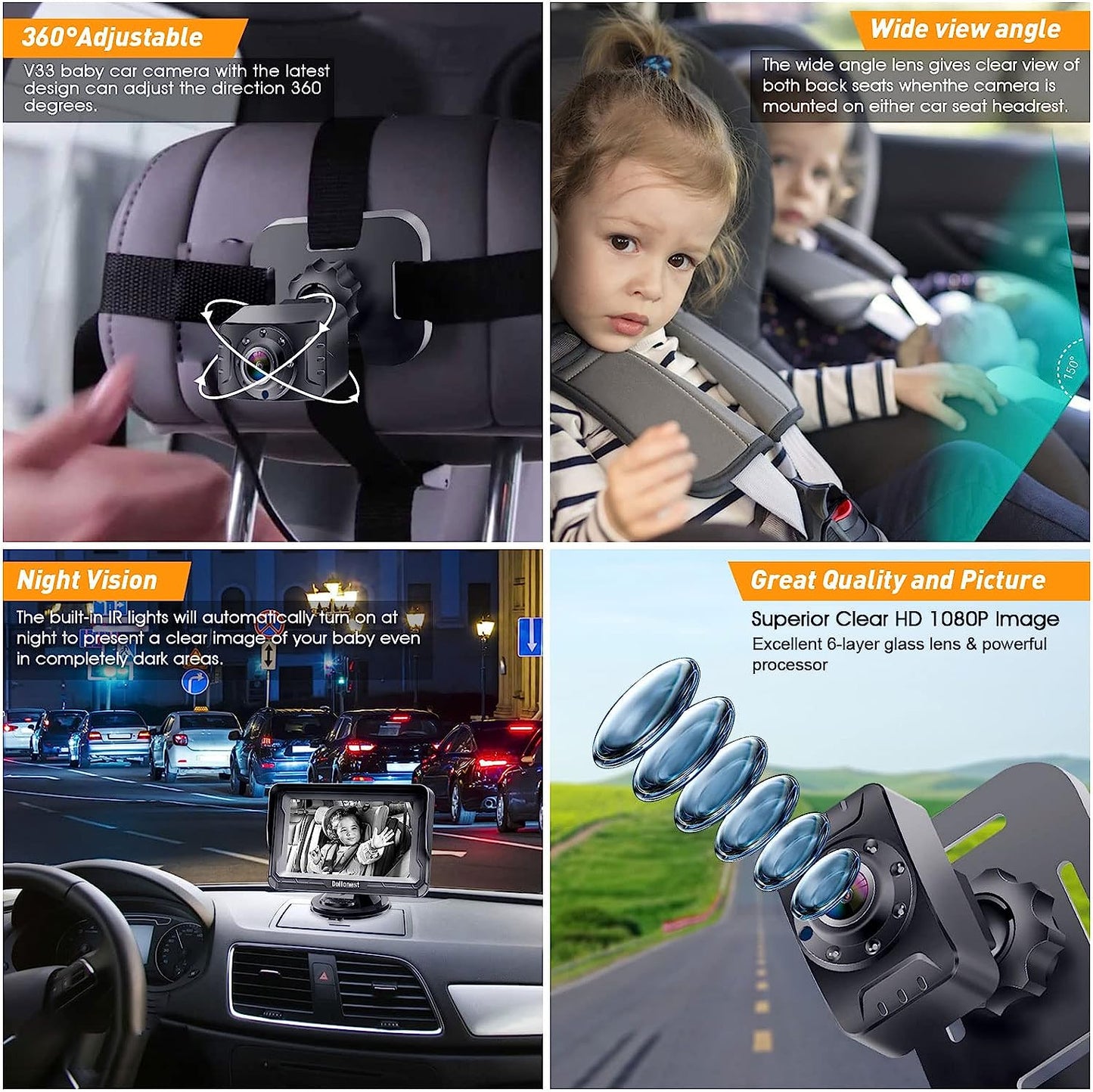 Baby Car Camera HD 1080P - 360° Rotating Rear Facing Car Baby Monitor with Camera Crystal Night Vision Backseat Camera 3 Mins Easy Installation V33