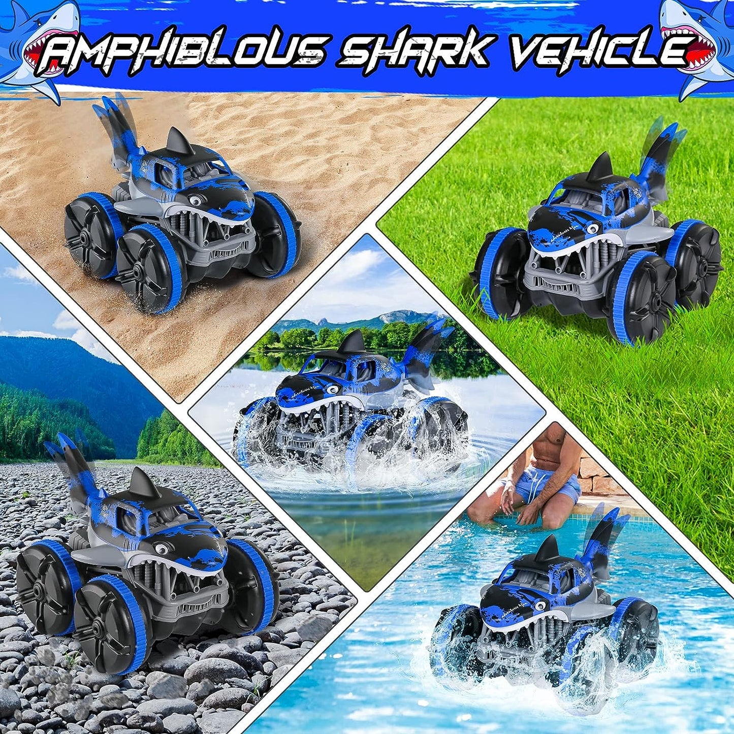 Amphibious RC Car, 2.4GHz High Speed Water Work, Shark Monster RC Drift Car Truck, Waterproof Toy Car, for Pool Beaches and Lakes, Gifts for Children and Adults 3+ Years Old Blue